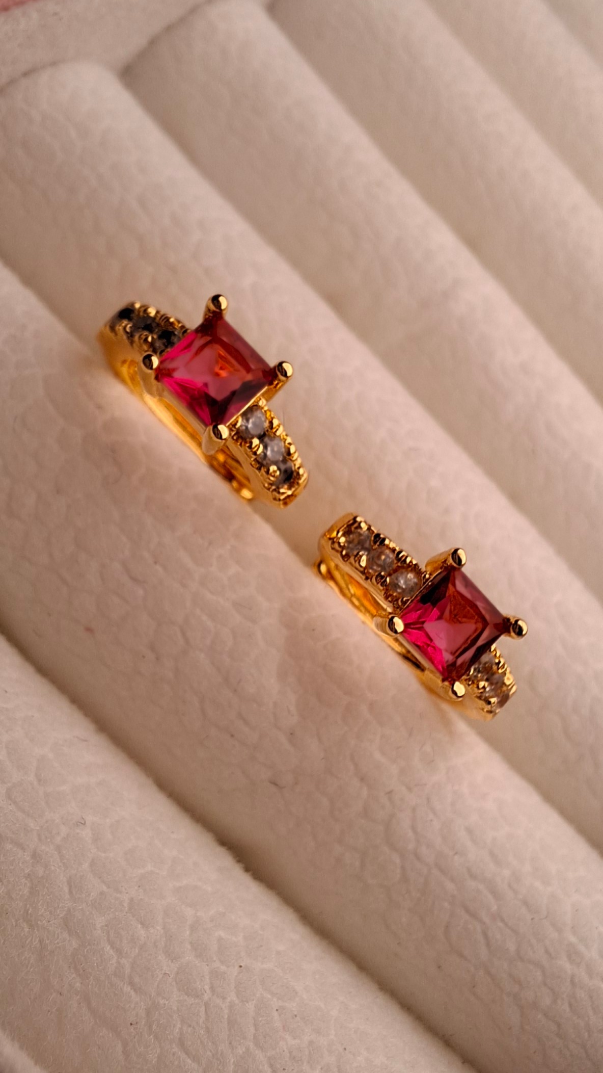 20251005_182806 Golden Princess-Cut Dark Pink Stone Mini Hoops