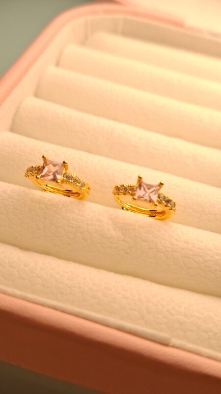Golden Princess-Cut light Pink Stone Mini Hoops