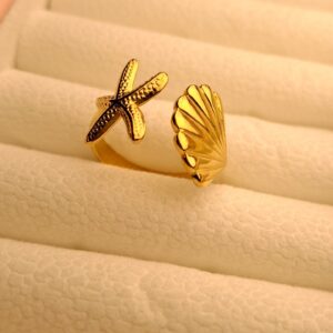 Golden Starfish Seashell Anti Tarnish Ring by Craft & Tell – waterproof, skin-safe daily wear jewellery for women
